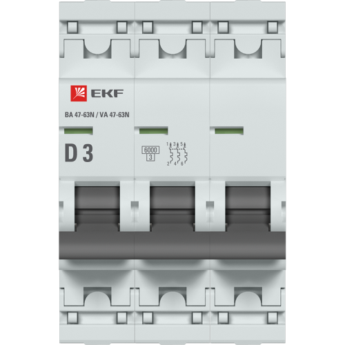 EKF Автоматический выключатель 3P 3А (D) 6кА ВА 47-63N PROxima (M636303D) фото 2